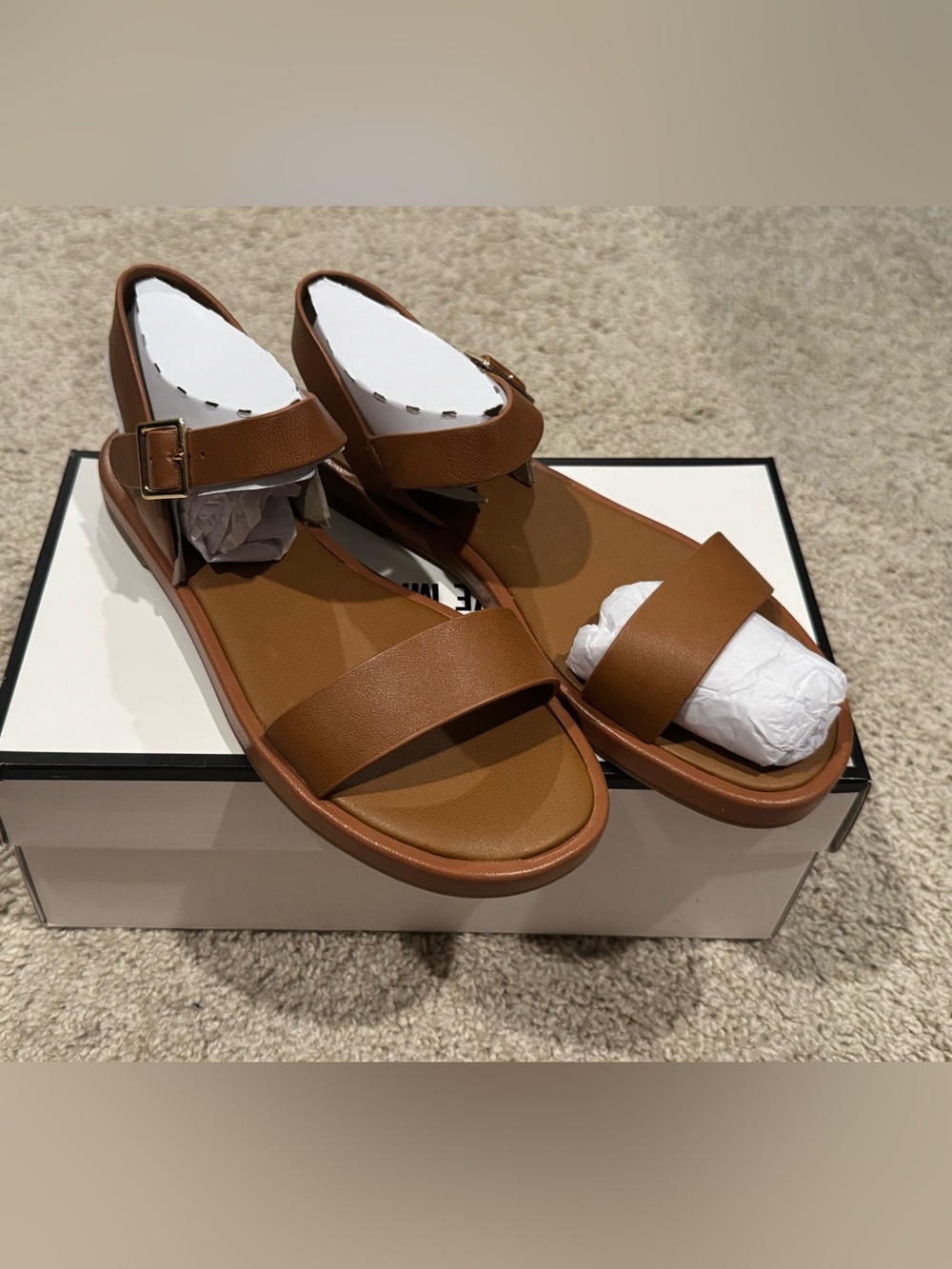 Steve Madden Tan Brown Two-Strap Ankle Buckle Sandals